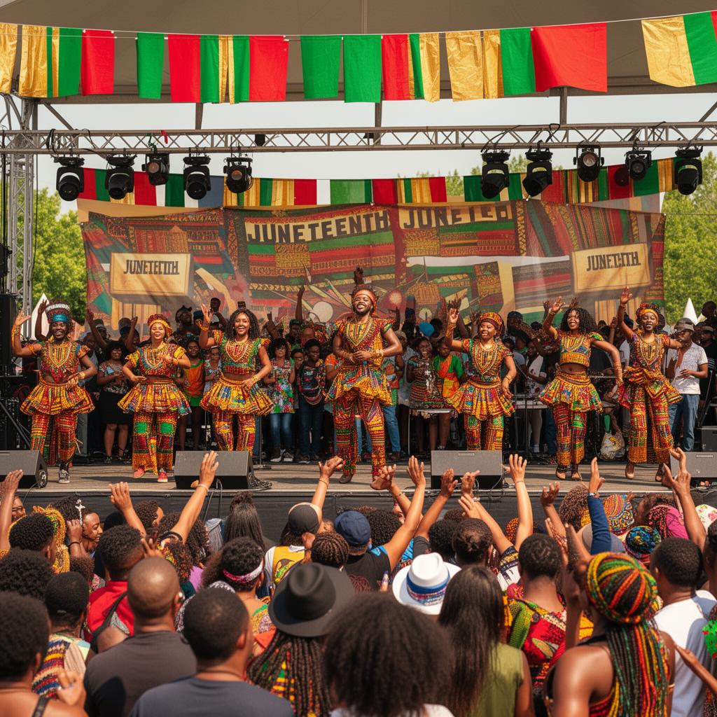 Juneteenth Freedom Fest stage performance with dancers in African-inspired fashion