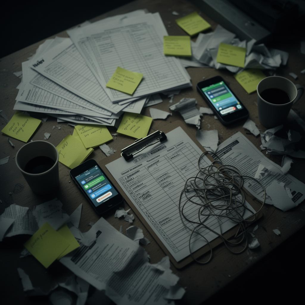 Cluttered organizer desk with paper sign-in sheets, sticky notes and phones full of notifications