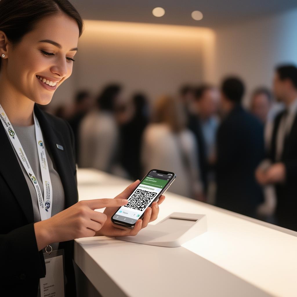 Smiling staff member scanning a QR code at a clean event check-in desk