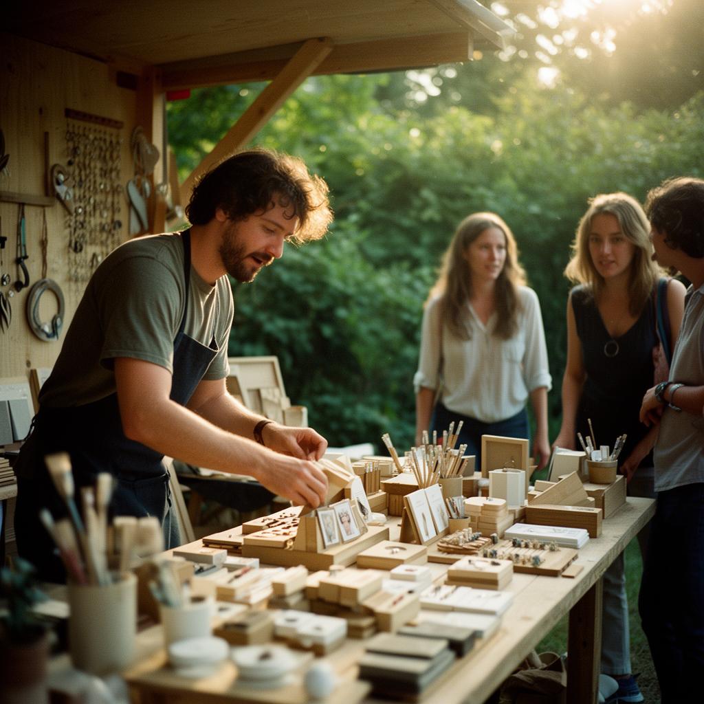 Vendor proudly arranging handmade goods at an outdoor market booth in warm afternoon light