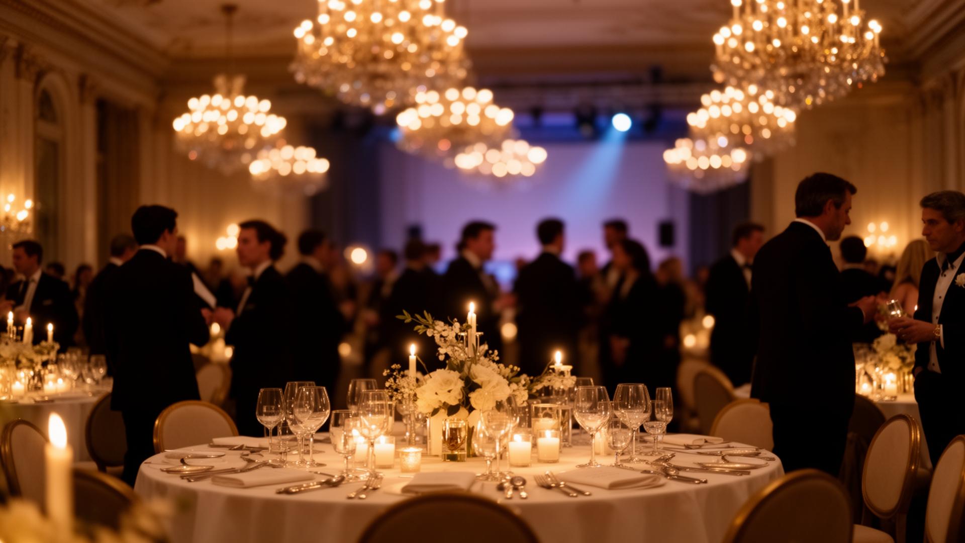 Elegant evening gala fundraiser with candlelit tables and chandeliers
