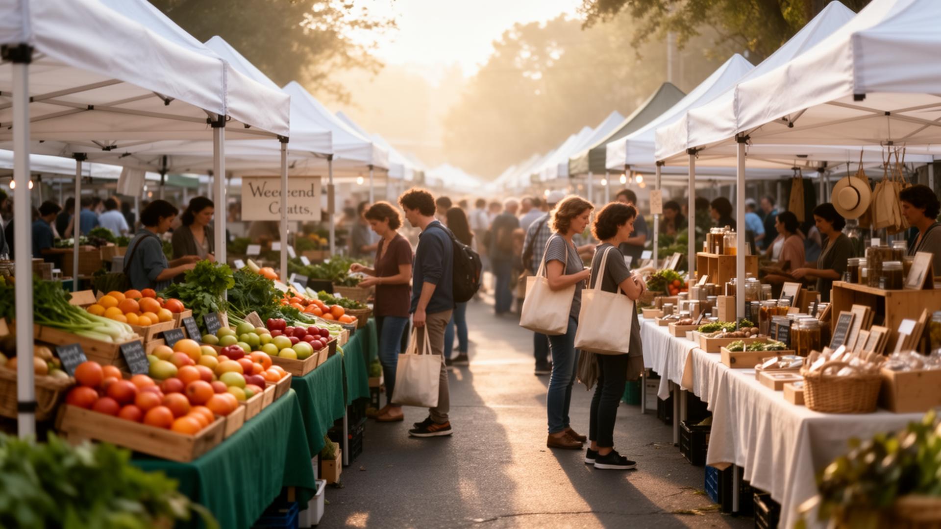 Bustling outdoor weekend farmers market with vendor booths and shoppers